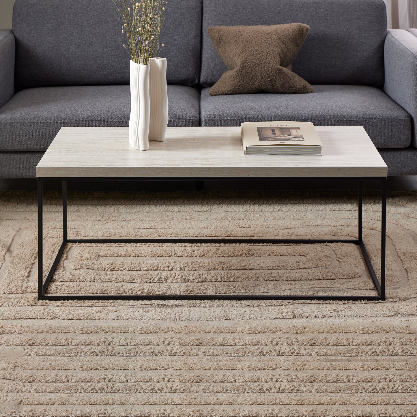 Barossa Coffee Table with Travertine Rough Paper Top & Black Powder Steel Base 110x55x45cm