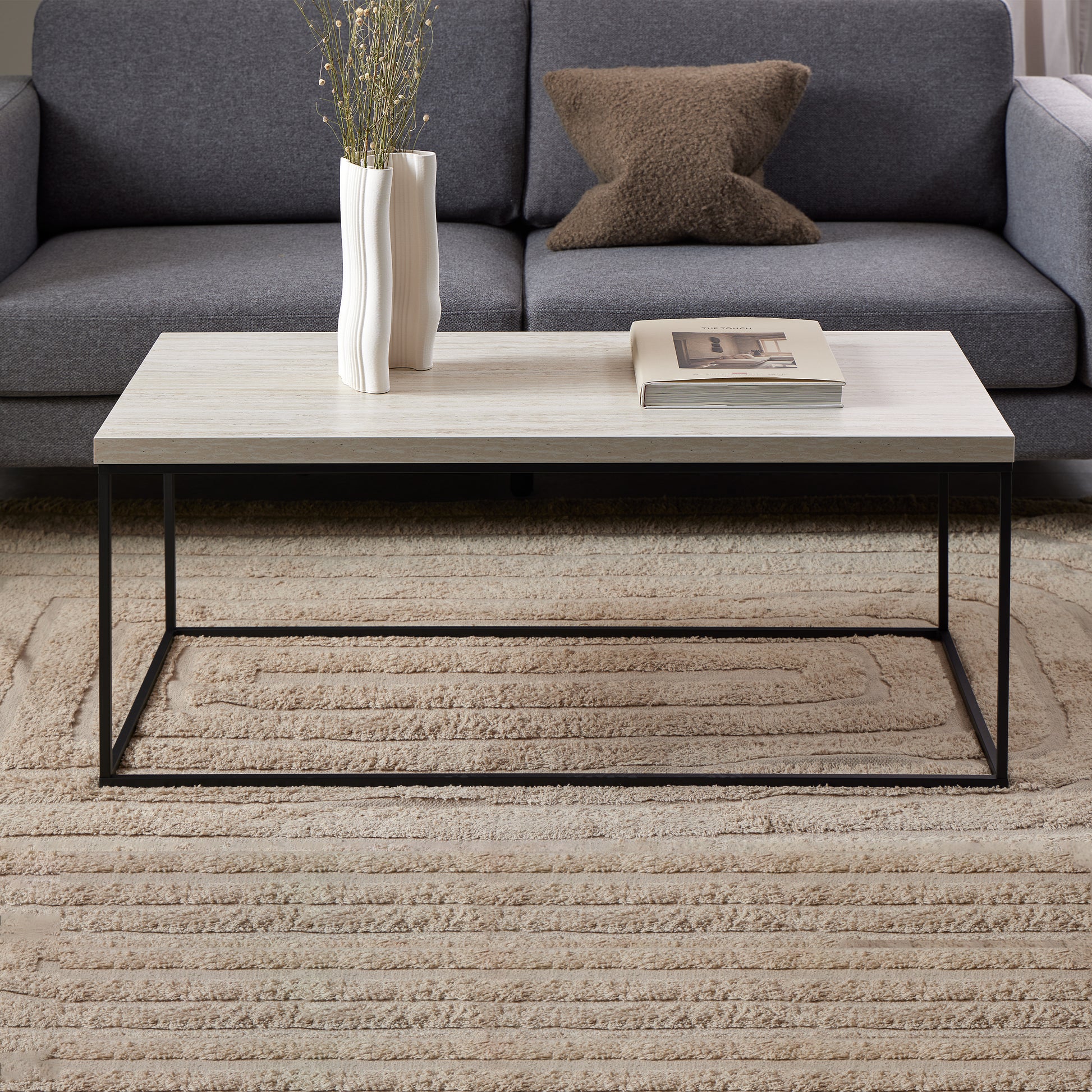 Barossa Coffee Table with Travertine Rough Paper Top & Black Powder Steel Base 110x55x45cm