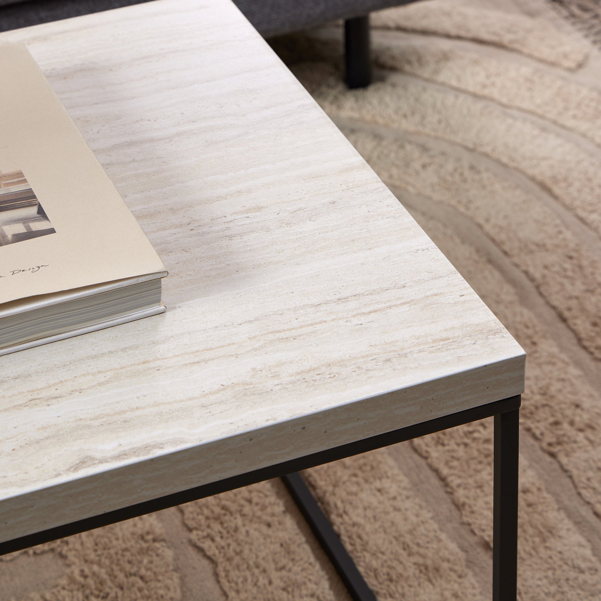Barossa Coffee Table with Travertine Rough Paper Top & Black Powder Steel Base 110x55x45cm